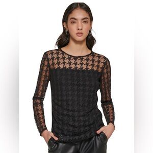 🔥 DKNY Women's Long-Sleeve Black Houndstooth-Print Mesh Top/Size L 🔥